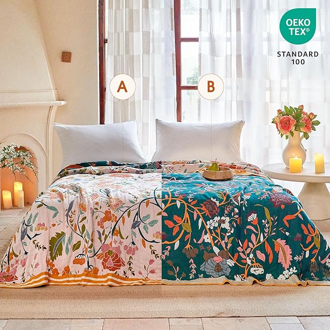 Boho Throw Blanket - 90"x108" 100% Cotton Ultra Soft Lightweight Blanket, 4-Layer Breathable Muslin Spring Blankets for Bed Couch, Reversible Green Floral Printed Bohemian Cotton Quilt
