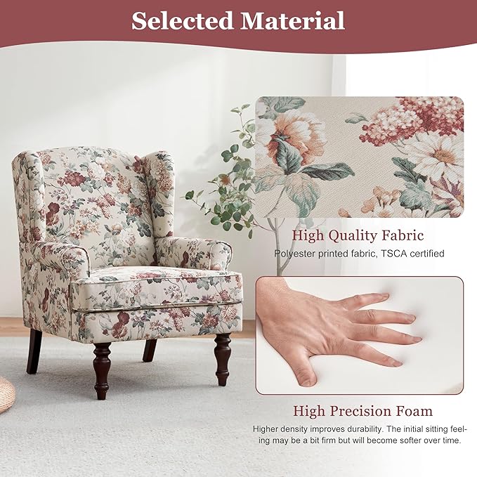 HUIMO Printed Wingback Accent Chair, Linen Upholstered High Back Armchair, Comfy Reading Chair for Living Room Bedroom Study, 300lbs Weight Capacity (1, Red Floral)