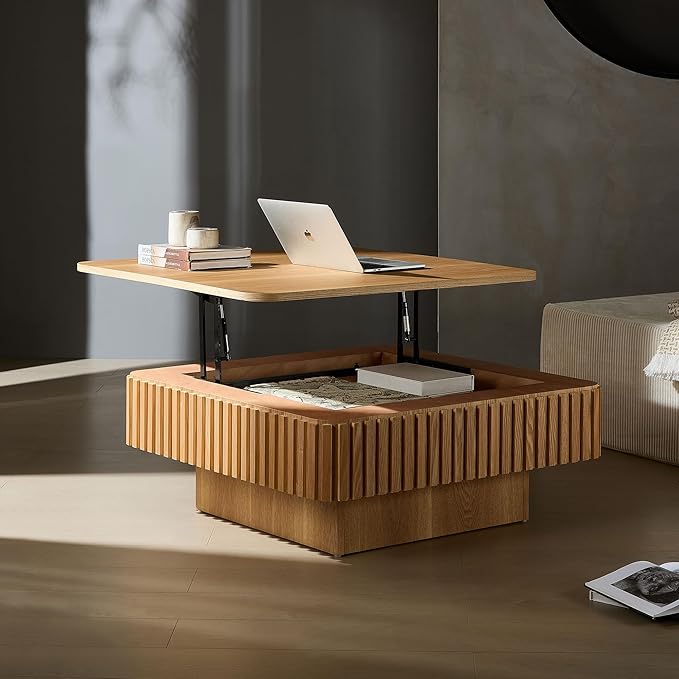 WILLIAMSPACE 35.43" Lift Top Coffee Table with Hidden Storage & Sturdy Base, Modern Luxury Square Wood Handcraft Drum Center Table Accent End Tea Table for Living Room, Minimalist Fluted Design, Oak
