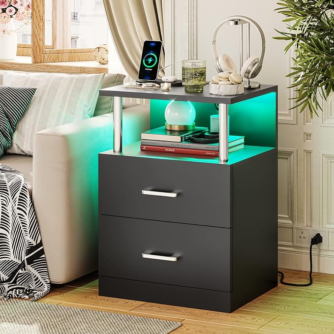VIAGDO Black Nightstand with Charging Station and USB Ports, LED Night Stand with 2 Drawers, Modern End Side Tables with Open Storage, Bedside Tables for Bedroom, Office - Image 7