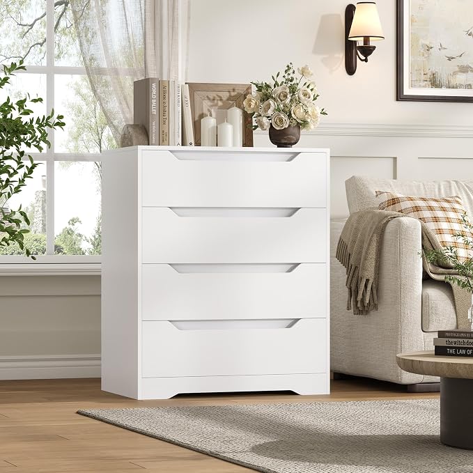 HOSTACK White Dresser, 4 Drawers Dresser, Modern Chest of Drawers with Cut-Out Handles, Small Dressers with Drawer, Wood Makeup Chest Organizer for Living Room, Entryway, Home Office, White - Image 6