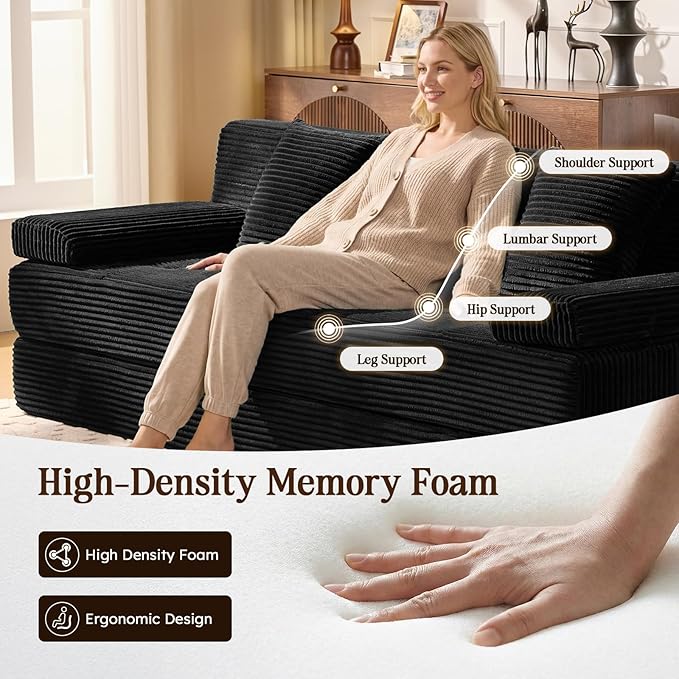 78.7IN Folding Sofa Bed - Convertible Sleeper Sofa Couch with Removable Pillows, 3 Seater Couches Bed for Living Room, Bedroom, Apartment, No Assembly Required, Freestanding, Corduroy, Black