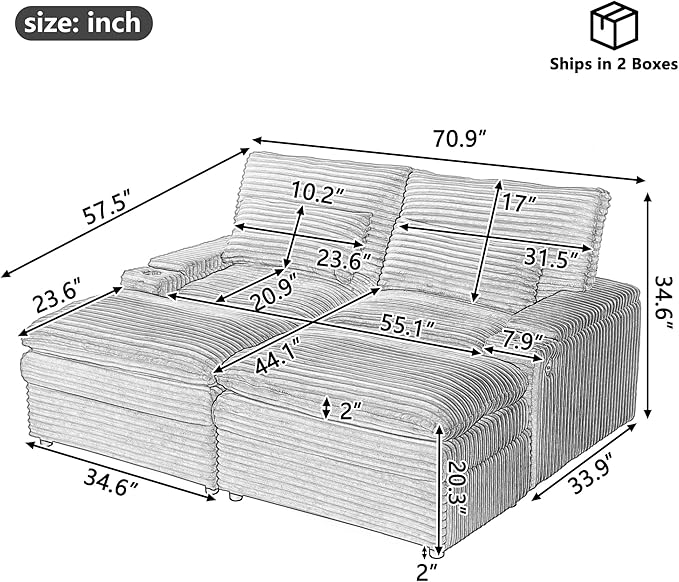 Modular Sectional Sofa Convertible Loveseat Couch,2-Seater Deep Seat Loveseat Sofas Fluffy Corduroy Cloud Couches with Movable Ottoman, Storage Armrest,USB Ports, Cup Holders