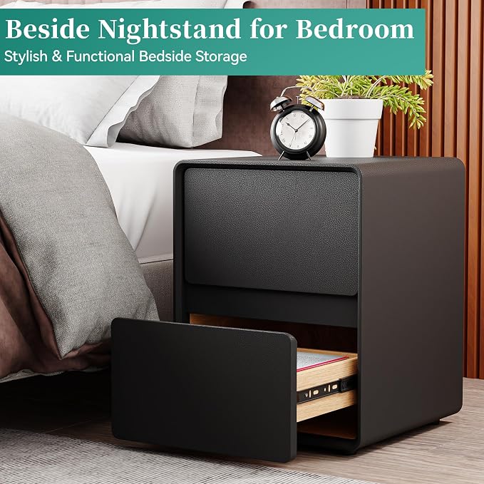 15.8" W Faux Leather Narrow Nightstand, Modern Fully-Assembled Bedside Table with 2 Drawers, Wood Night Stand Small Accent End Table & Side Table for Bedroom, Black - Image 7