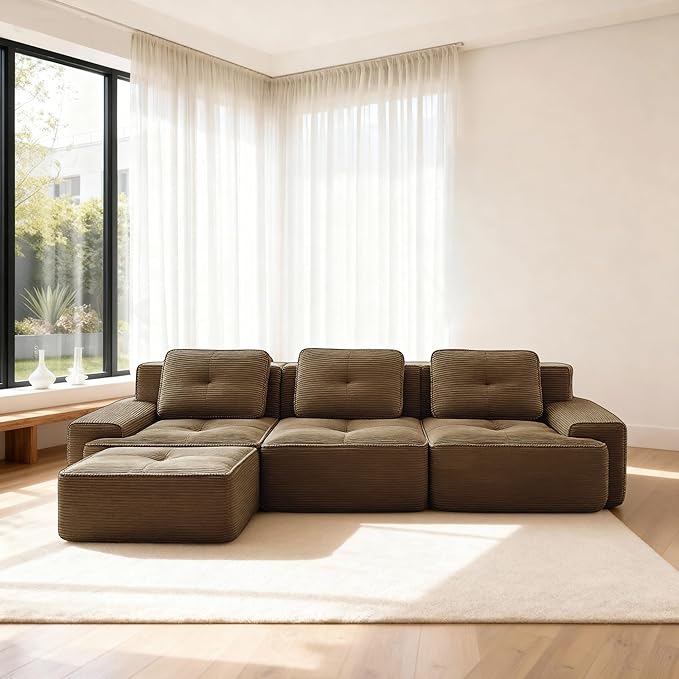 Casaphoria 115'' Boneless Sofa with Ottoman, 3-Seater Modular Couch with 3 Pillows for Living Room, L Shape Cloud Sectional Sofa, No Assembly, Brown