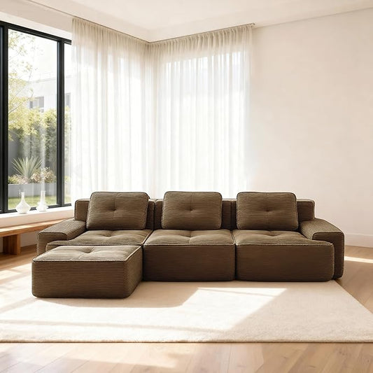 Casaphoria 115'' Boneless Sofa with Ottoman, 3-Seater Modular Couch with 3 Pillows for Living Room, L Shape Cloud Sectional Sofa, No Assembly, Brown
