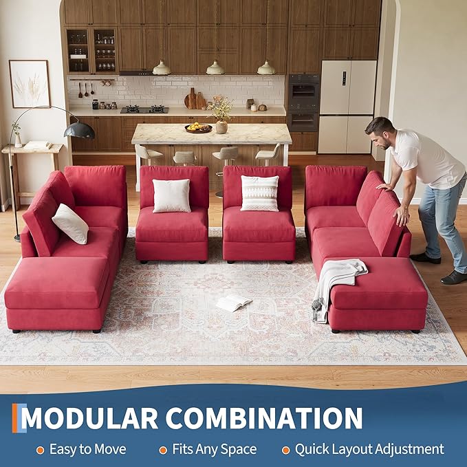 IDEALHOUSE 138" Modular Sectional Sofa, 8 Seater Sectional Couch, U-Shape Modern Sofa with Ottoman, Deep Seat, Oversized Convertible Modular Couch for Living Room Apartment Office, Chenille, Red