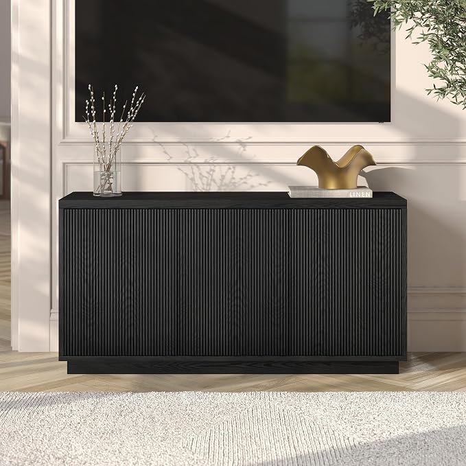Henn&Hart Fluted TV Stand for TVs up to 55" with 3 Swing Out Ribbed Doors and Adjustable Shelves for Living Room, Family Room, or Office, Natural Black by HennHart