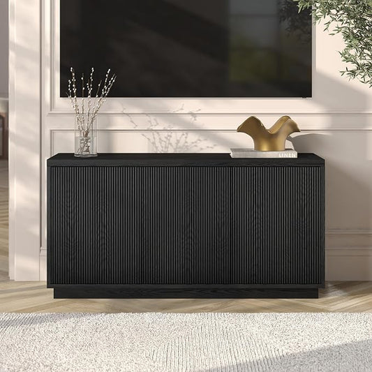 Henn&Hart Fluted TV Stand for TVs up to 55" with 3 Swing Out Ribbed Doors and Adjustable Shelves for Living Room, Family Room, or Office, Natural Black by HennHart