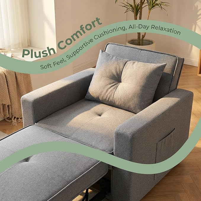 3-in-1 Convertible Sleeper Chair, Sleeper Sofa Bed with Side Pocket, Lazy Sofa Bed with Adjustable Backrest, Recliner Chair for Living Room, Apartment, Dorm, or Office, Gray