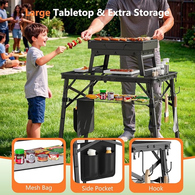 Folding Grill Table for Outside, 3 Height Adjustable Small Camping Table with Mesh Bag, Metal Aluminum Folding Table, 23.62 x 15.75 inches, Portable Grill Stand for Picnic, Camping, BBQ, Beach, Black - Image 3