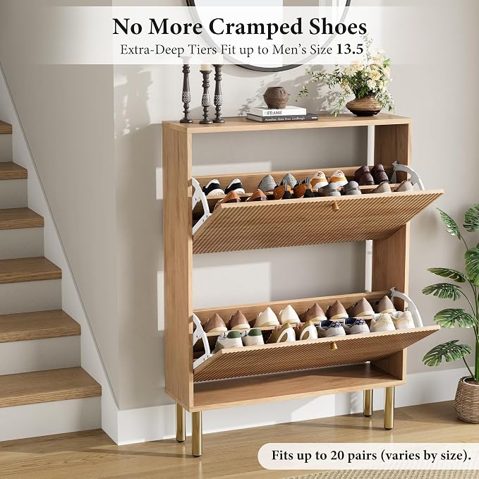 Nicetree Shoe Storage Cabinet for Entryway - Flip Shoe Cabinet with Tiered Fluted Design - Slim Shoe Storage Rack with Gold Legs - Narrow Shoe Cabinet Hidden Shoe Organizer for Small Spaces - Image 4