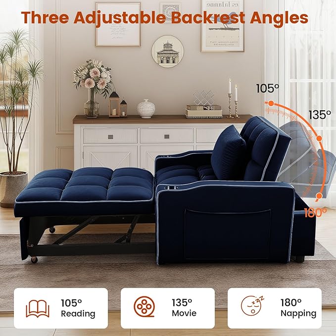 Sleeper Chair, Convertible Pull Out Chair Sleeper with Bracket and Cup Holder, Chairs Bed Sleepers for Adults, 3 in 1 Sofa Bed Chairs for Small Spaces, Living Room, Blue