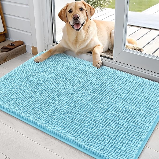OLANLY Dog Door Mat for Muddy Paws 35x24, Absorbs Moisture and Dirt, Absorbent Non-Slip Washable Doormat, Quick Dry Chenille Mud Mat for Dogs, Entry Indoor Entryway Carpet for Inside Floor, Blue by OLANLY