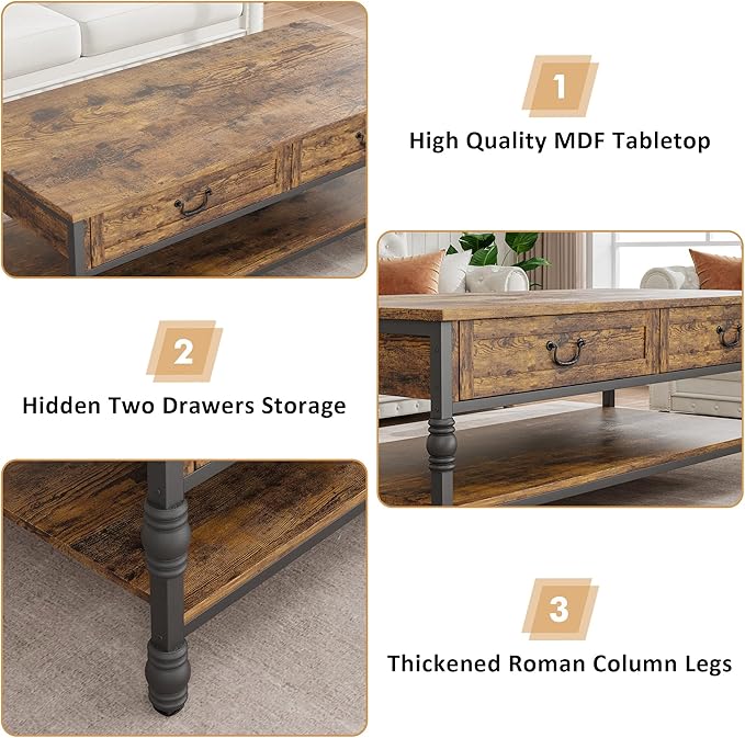 IDEALHOUSE Coffee Table with Drawers 41" Large Center Table with Storage Rectangular Cocktail Table Mid Century Wooden Coffee Tables Retro Living Room Table Vintage Tea Table, Rustic Brown