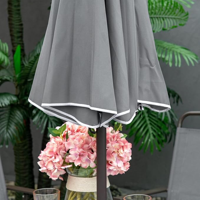 Outsunny 6 Piece Patio Dining Set for 4 with Umbrella, Outdoor Table and Chairs with 4 Folding Dining Chairs & Round Glass Table for Garden, Backyard and Poolside, Gray - Image 9