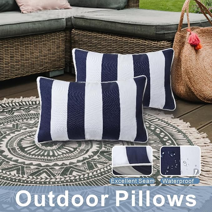 JMGBird Outdoor Lumbar Pillows, Water-Repellent Throw Pillows with Insert, Pack of 2, 12×20 Inch- Add a Pop of Color Outdoors (Blue and White)
