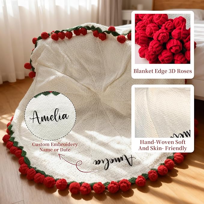 Personalized Handmade Crochet Rose Flower Blanket Bouquet – Custom Name Gift for Mother's Day, Valentine’s Day, Mom or Girlfriend（Red）