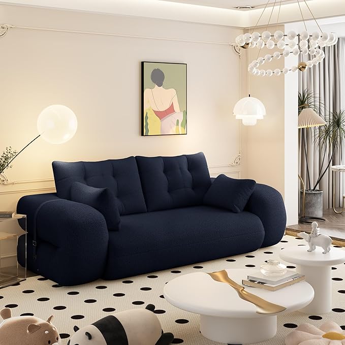 78.7" Convertible Sofa Bed, 3-in-1 Folding Floor Couch with 4 Pillows, Sleeper Sofa for Living Room and Guest Bed, No Assembly Required (Navy Blue, Teddy Fabric)