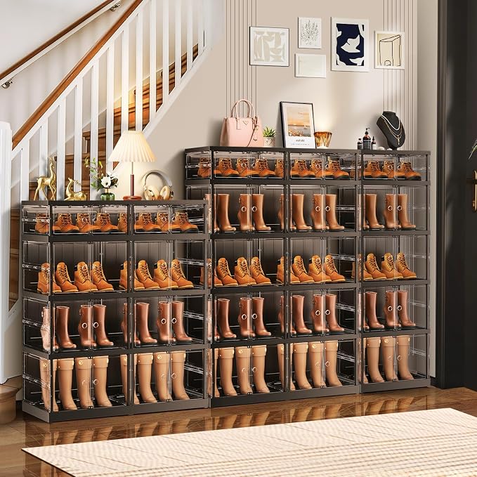 CIMLORD 5-Tier Foldable Shoe Rack for Closet Entryway 10-20Pairs,Stackable Clear Shoe Storage Boxes Organizer with Door Plastic Shoe Cabinet Bins with Lids Shoes Shelf Easy Assembly Large Black - Image 6