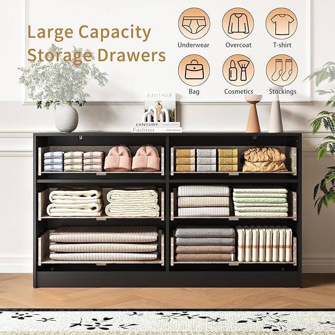 6 Drawer Dresser and Nightstand Sets for Bedroom, 3 Pcs Bedroom Set, Night Stand Set of 2 & 6 Drawer Dresser with Gold Handles, Modern Wood Chest of Drawers Storage Cabinet Set, Black