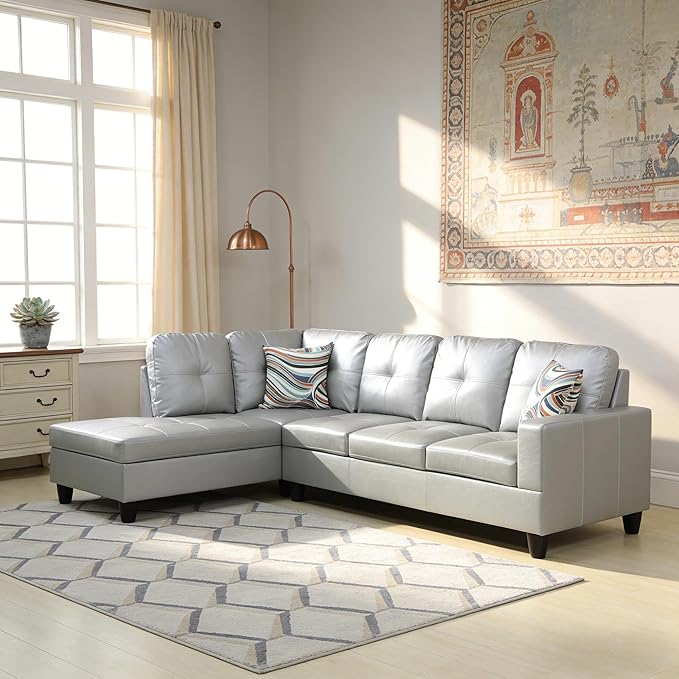 103.5 Inch Modern L-Shaped Couch, PU Leather Sectional Sofa with Chaise Lounge, 4-Seater Couch with Accent Pillows for Living Room, Apartment, Silver