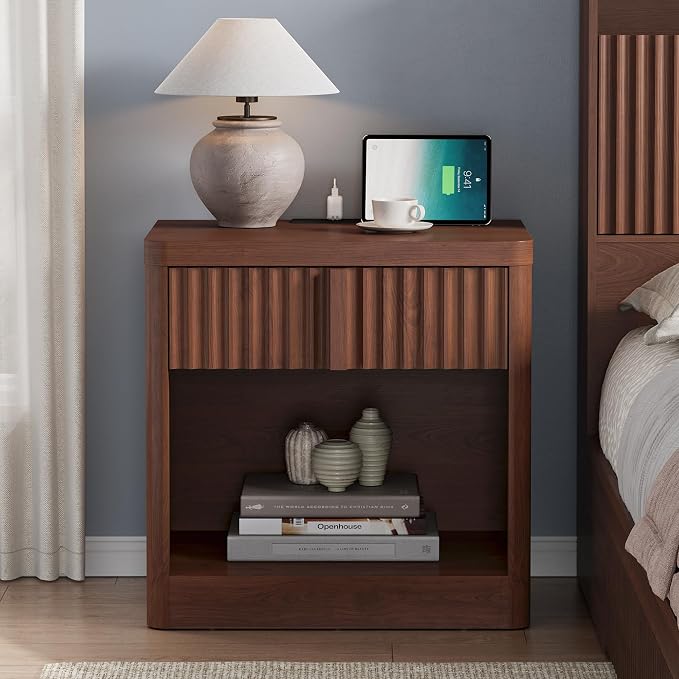 Fluted Nightstand with Charging Station, 23.6" Night Stand with Solid Wood Handle, End Table with Curved Profile Design, Mid Century Moden Bedside Table for Bedroom, Living Room, Walnut - Image 7