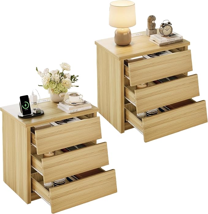 23" Wide Nightstand Set of 2 with Charger Station, Modern Night Stand with 3 Drawers, Wood End Table with USB Ports and Outlets, Storage Bedsides Table for Bedroom, Hallway (Natural) by KNOWORLD