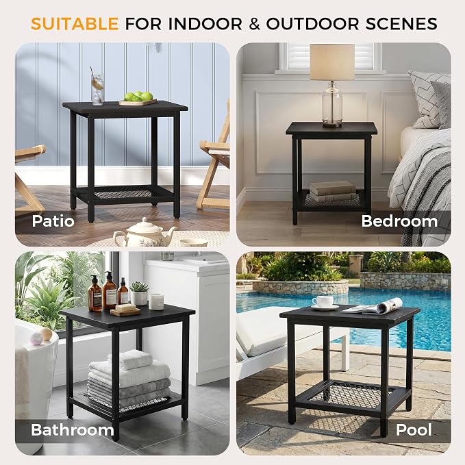 2-Tier Outdoor Side Table with Storage, Weather Resistant Patio End Table, HDPS Small Accent Table for Deck, Garden, Pool, Backyard, Black - Image 5