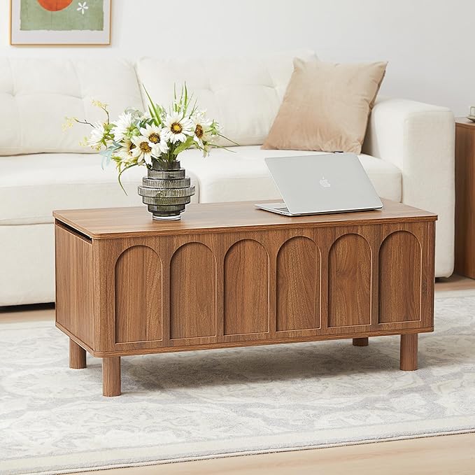 Lift Top Coffee Table with Arched Finish, Modern Coffee Table with Lifting Tabletop & Hidden Storage, Wood Center Table for Living Room,Convenient for Dining, Gaming or Working (Walnut)
