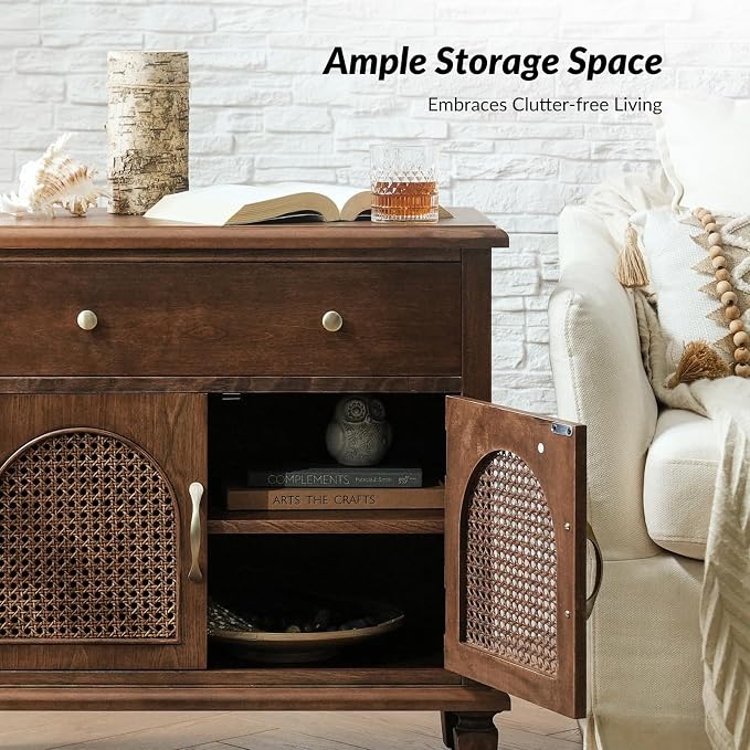 HULALA HOME End Table with Doors and Drawer, Traditional Side Table with Solid Wood Legs, Adjustable Shelf, Charging Station, Walnut - Image 4