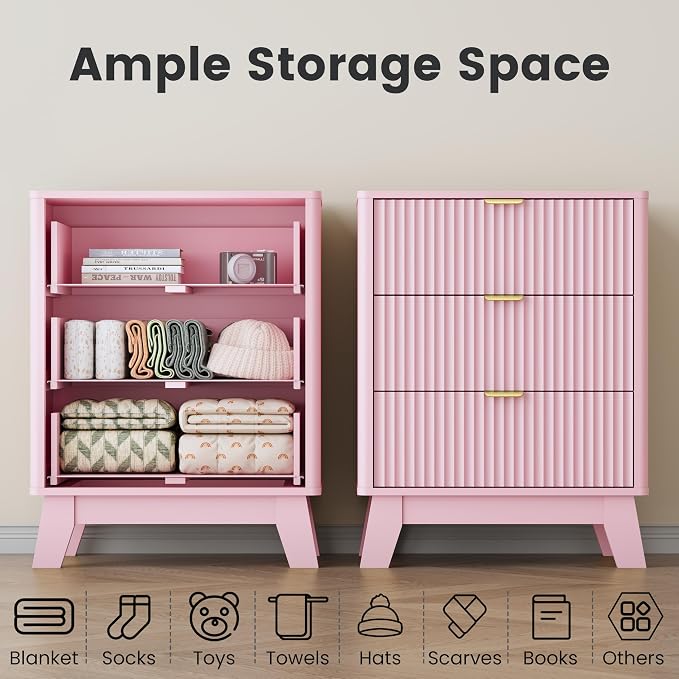 Wodeer Pink Nightstand with 3 Drawers, Mid Century Modern Wooden Bedroom Nightstand, Bedside Table & End Table with Metal Handles, Farmhouse Night Stands for Bedroom - Image 6