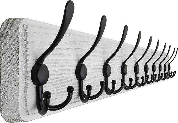 SKOLOO Coat Rack Wall Mounted - 38.3'' Long, Wooden, Heavy Duty, Rustic Coat Hooks for Wall, Wall Coat Rack with 10 Triple Hooks for Hanging Clothes, Jacket, Hat(Weathered White) by SKOLOO