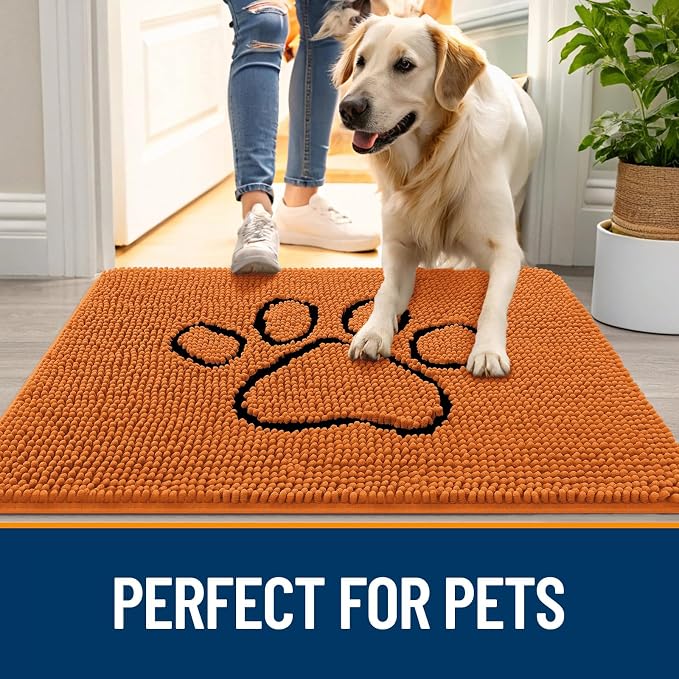 OLANLY Dog Door Mat for Muddy Paws 48x30, Paw Print Design, Absorbs Moisture and Dirt, Absorbent Non-Slip Washable Doormat, Quick Dry Chenille Mud Mat for Dogs, Entry Indoor Entryway Carpet, Clay - Image 6