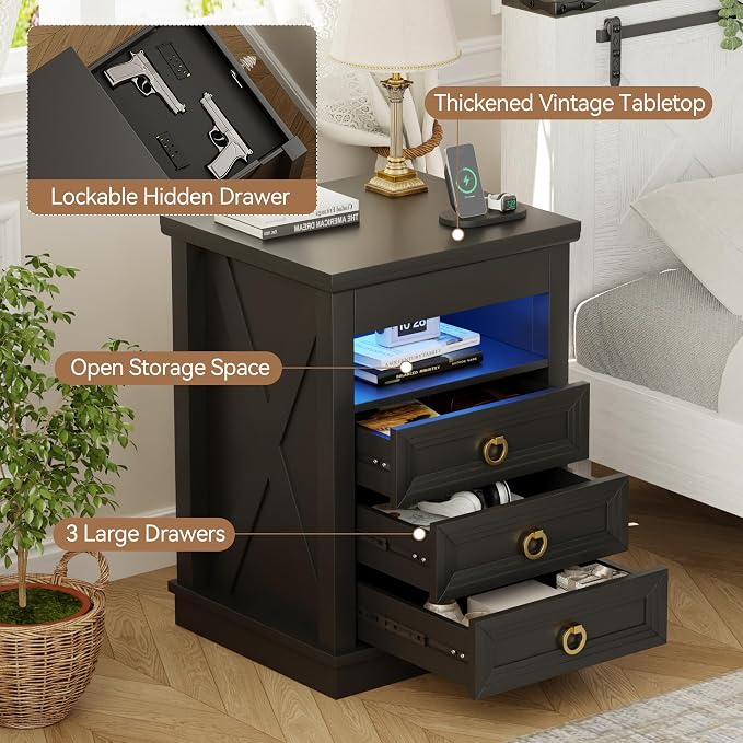 Lvifur Farmhouse Nightstand with Gun Drawer Set of 2, Human Sensor LED Bedside Table with LED Lights & Charging Station, Rustic Wood Sofa Side End Table with 3 Drawers for Bedroom (Blackx2) - Image 3