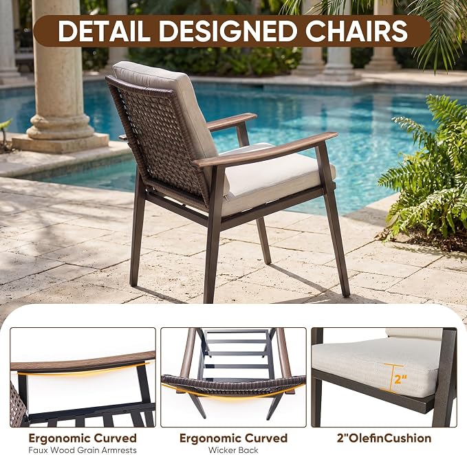Natural Expressions Outdoor Dining Set,Patio Table and Chairs Set with 4 Wicker Rattan Chairs with Cushion, 5 Piece Patio Dining Set for 4,36.6" Woodgrain Table,1.65" Umbrella Hole,Patio Sets for Yard - Image 6