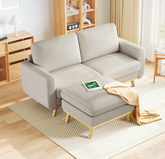 Vesgantti 68" Loveseat Sofa with Movable Ottoman, Comfy Corduroy Couch with Spring Cushion, Sofa Couch with Solid Wood, Modern Office Sofa with Deep Seat for Living Room and Bedroom, Light Gray