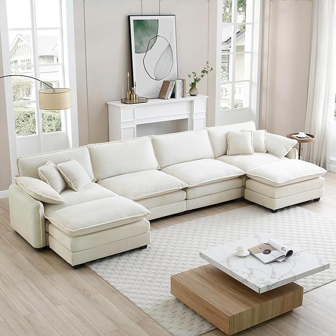 KEIKI 150" U-Shaped Oversized Corduroy Modular Sectional Sofa with 2 Ottoman, High-Density Foam Cushions, Removable Armrests, Upholstered 4-Seater Corner Couch with 6 Pillow, for Living Room, Beige