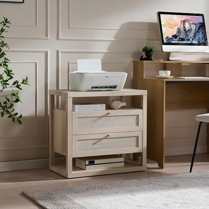 VividVibe Light Oak Night Stand Set 2, Nightstand with Drawers and Storage Shelf - Rattan Boho Bedside Tables Large Nightstands Wooden Bed Side Table, Modern Farmhouse Accent End Table - Image 8