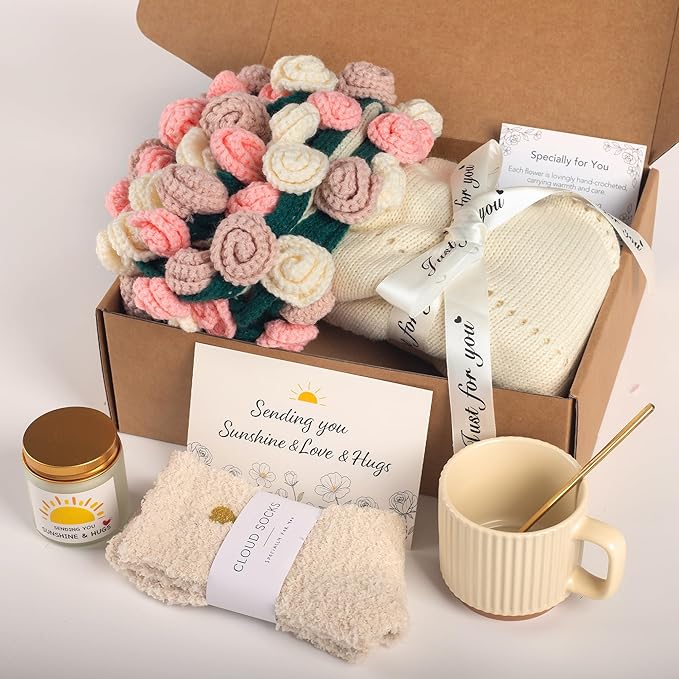 Get Well Gifts for Women, Flower Bouquet Blanket Gift Baskets, Care Package, Self Care Gifts, Thinking of You Gifts for Her Wife Mom Female Friends, Birthday Gifts for Women (Vintage Rose Mix)