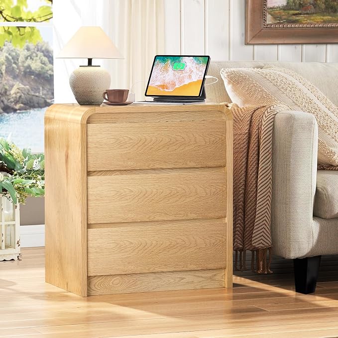 Modern Night Stand with Charging Station, 25" Tall Wood Nightstand Bedside Table with 3 Drawers & USB Ports, Mid-Century End Table for Bedroom (2, Nature Smooth, 3 Drawers) - Image 5