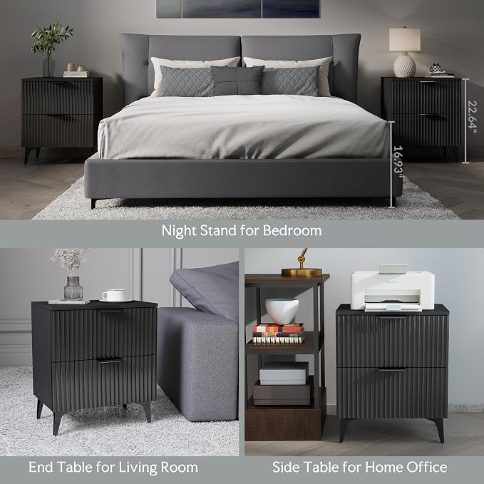 Wood Night Stand Set 2 Fluted Dresser for Bedroom 2 Drawers End Tables Nightstands Set of 2, Storage Modern Bedside Table Set of 2, Black Nightstand - Image 3