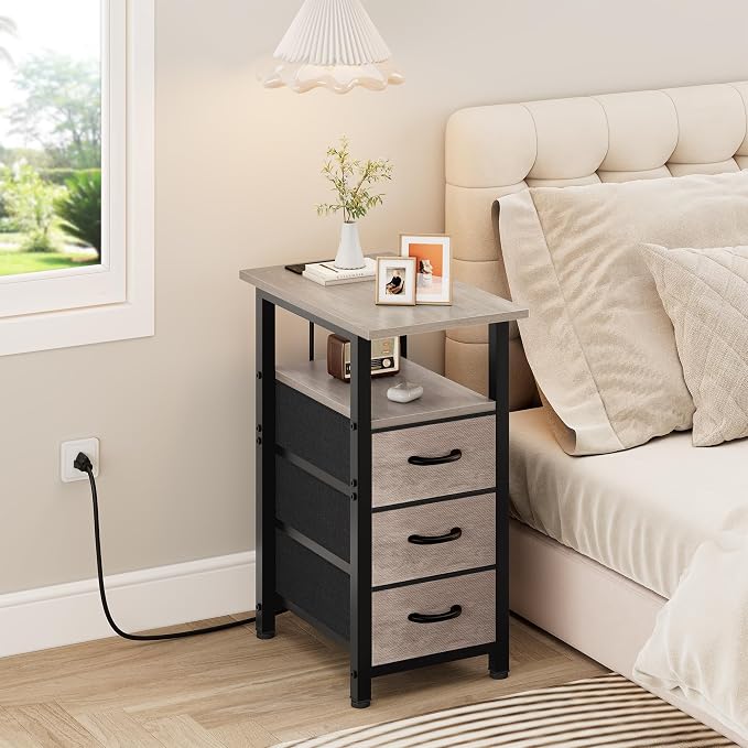 Vagusicc Night Stand with Charging Station, Narrow Nightstand with U-S-B Ports and Outlets, End Table with 3 Fabric Storage Drawers, Small Bedside Table, Greige - Image 5