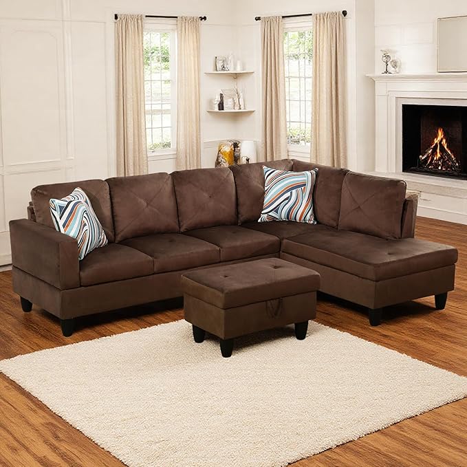 NicBex Modular L-Shaped Sectional Couches, 3-Piece Convertible Couch with Storage Ottoman, 4-Seat Comfy Sofa with Chaise for Living Room & Apartment, Brown