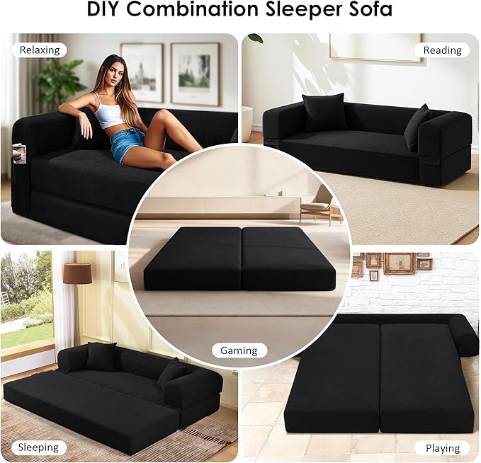 80" Convertible Sofa Bed, 3-in-1 Corduroy Folding Pull Out Couch with Pillows, No Assembly Modern Boneless Couch Compression Sofa in Box, Floor Sofa with Side Storage for Living Room,Black