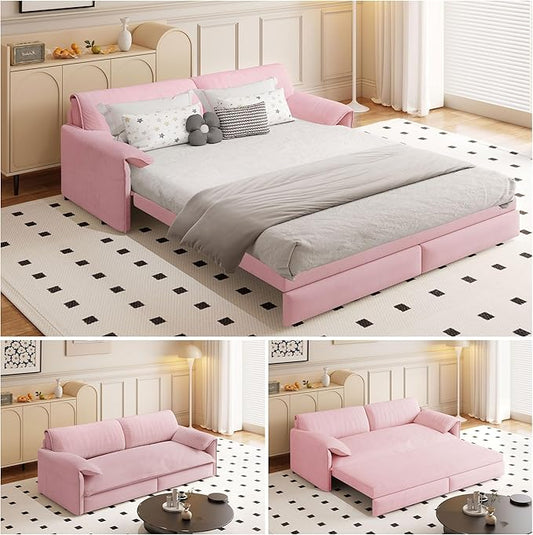 66" Queen Size Pull Out Sofa Bed, 3-in-1 Convertible Sleeper with Side Storage and Wheels, Velvet Loveseat for Living Room, Apartment, Bedroom, Pink (Mattress & Bedding Not Included)