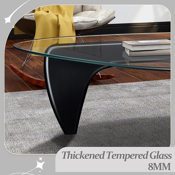 Black Coffee Table for Living Room, Small Coffee Tables, Mid Century Modern Coffee Table with Glass Top, Funky Unique Center Tables for Bedroom Reception Office