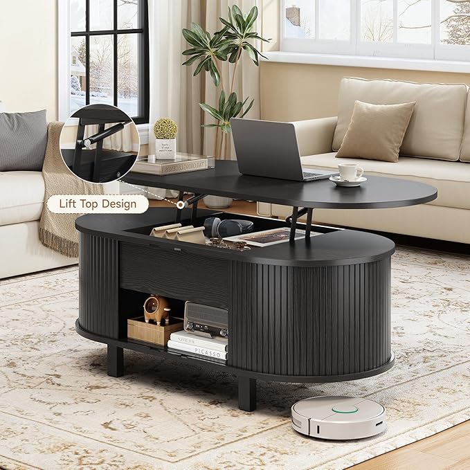 ONBRILL 43.3" Oval Lift Top Coffee Table with Hidden Compartment, Fluted Wood Coffee Table with Sliding Door, Mid-Century Modern Lift Tabletop Dining Table for Living Room, Home Office, Black