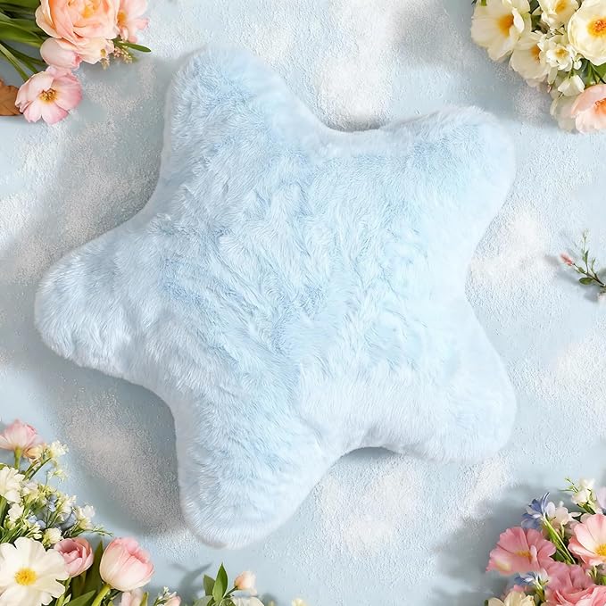 YRXRUS Star Pillows, Light Blue Star Shaped Pillow, Decorative Throw Pillow Gifts, Cute Plush Room Decor, Fluffy Faux Rabbit Fur 18"x18" Pillows for Living Bedroom