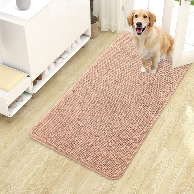 OLANLY Dog Door Mat for Muddy Paws 40x24, Absorbs Moisture and Dirt, Absorbent Non-Slip Washable Doormat, Quick Dry Chenille Mud Mat for Dogs, Entry Indoor Entryway Carpet for Inside Floor, Peach by OLANLY
